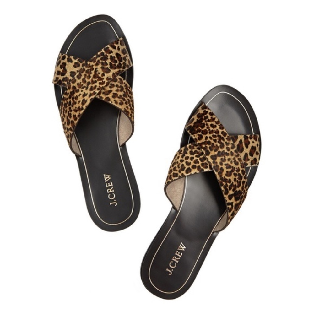J Crew Leopard Criss Cross Calf Hair Sandals